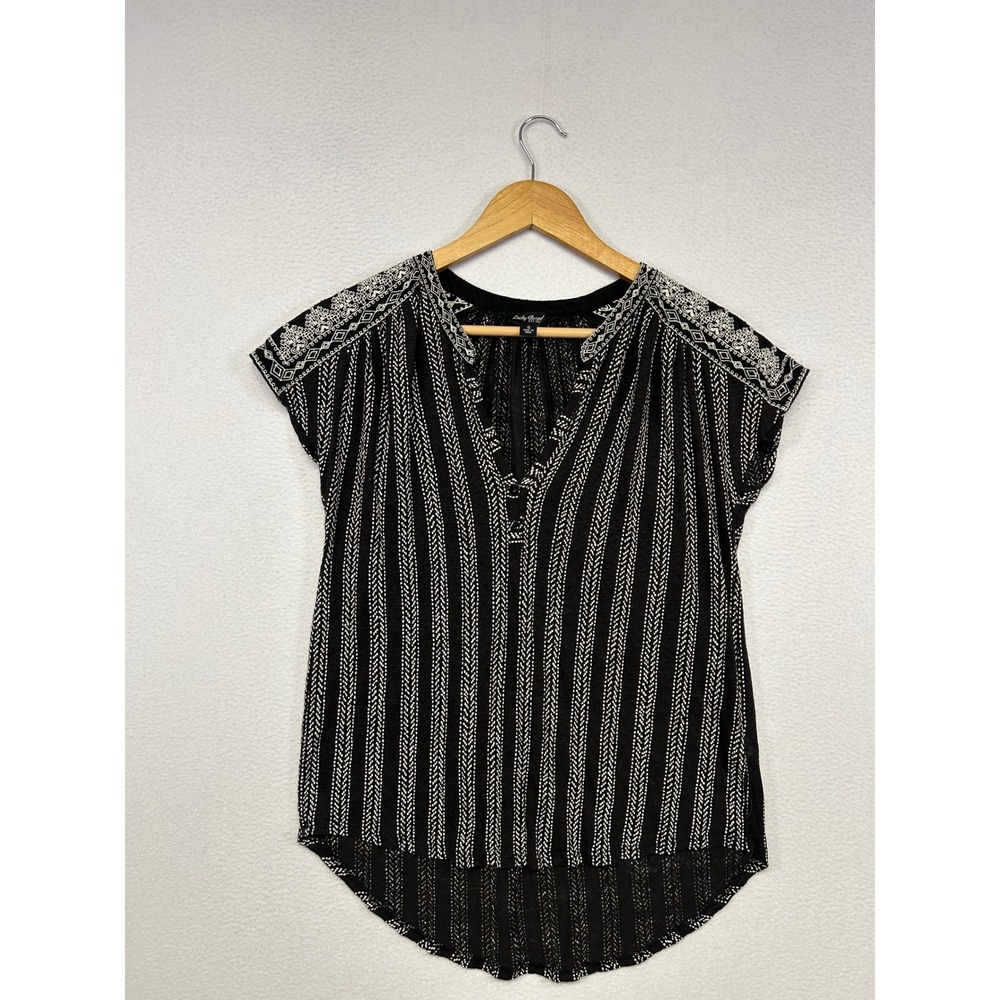 Boho Peasant Lucky Brand Womens Size S Black White Embroidered V-Neck Top
